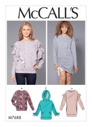 7688 MCCALLS STRETCH KNIT LOOSE TOPS HOOD OR NOT, DRESSES PATTERN XS-MED UNCUT